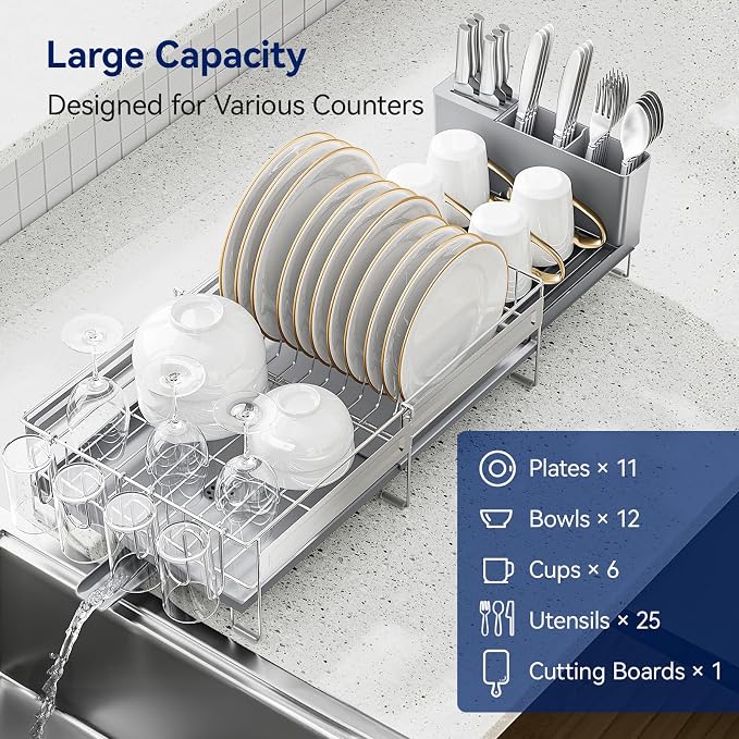Stainless Steel Dish Drying Rack - Expandable Dish Racks for Kitchen Counter Organizer with Drain Board, Detachable Utensil & Cup Holder, Dish Drainer for Small Kitchen Counter, Grey