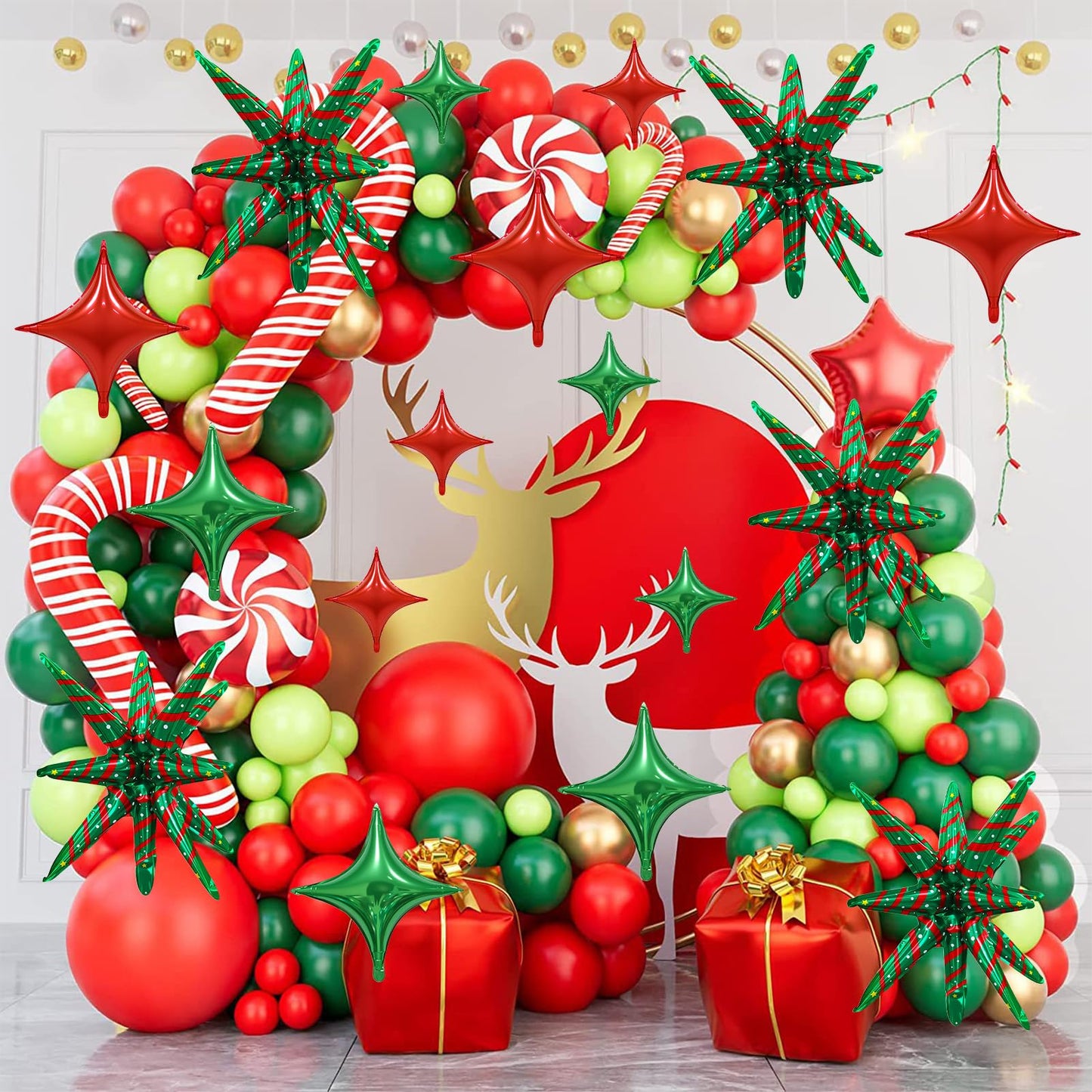 17PCS Christmas Foil Balloon Set, Including Popping Stars and Four Pointed Stars Balloons, Suitable for Christmas Party Decorations, Holiday Home and Event Supplies