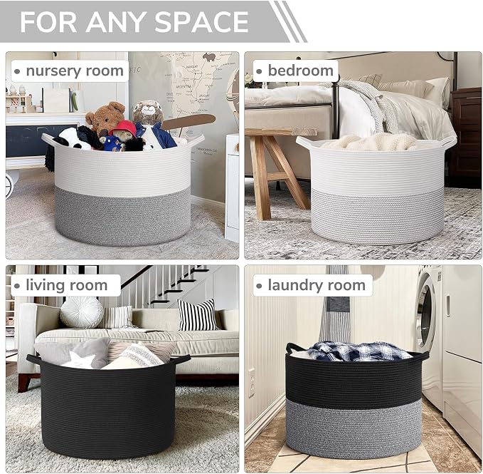 INDRESSME 115L Extra Large Blanket Basket, Cotton Rope Toy Baskets Storage Kids Toy Bin for Playroom Decor Woven Baby Laundry Basket for Organizing, Black Stitch