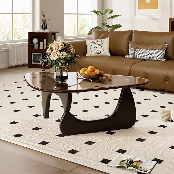 Coffee Table for Living Room Mid Century Modern Center Table with Glass Top and Wood, 32 Inch, Brown/Black