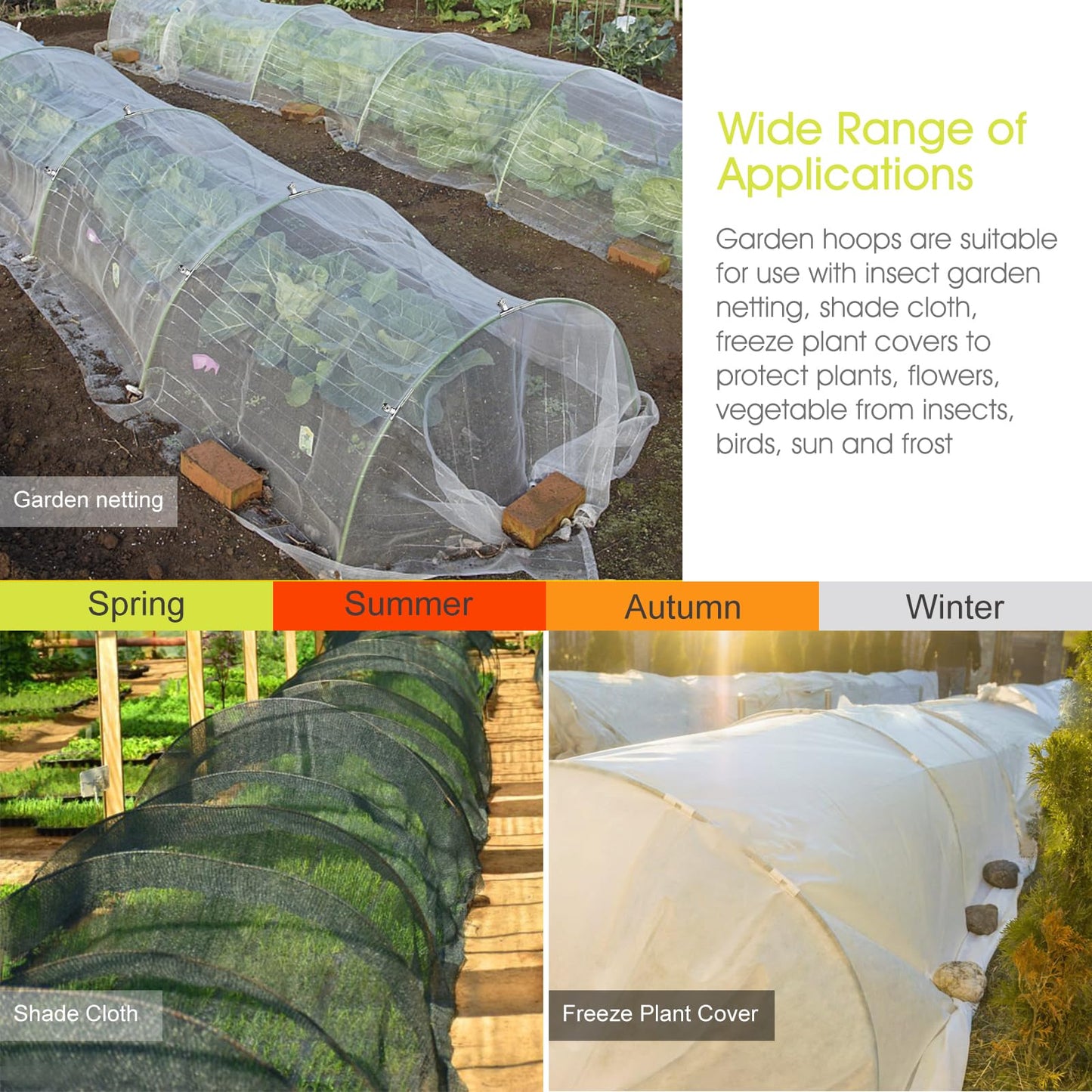 24 PCS Garden Hoops for Raised Beds, RIFNY Greenhouse Hoops Kit Long Grow Tunnel for Row Cover, Rust-Free Fiberglass Garden Support Poles for Insect Mesh Netting Freeze Plant Cover Frame