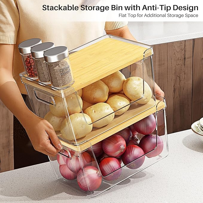 3 Set Pantry Organizer and Stackable Storage Kitchen,Sturdy and Durable Storage Basket for Potato, Onion, Garlic, Fruit, Vegetable, Produce, Clear Plastic Storage with Lid&Handle