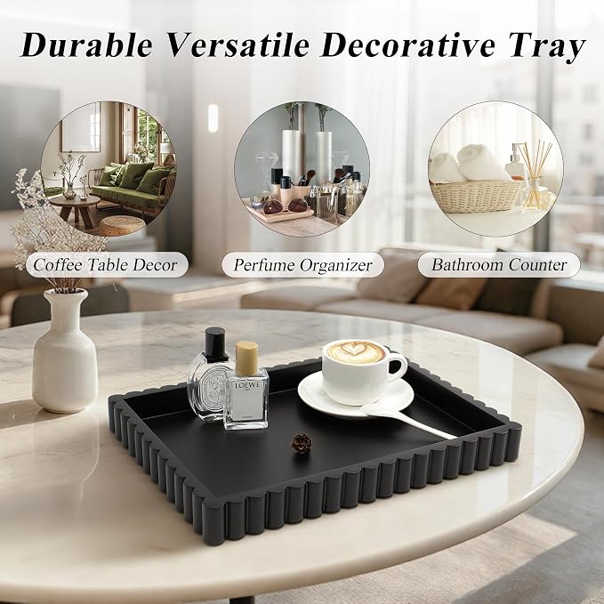 YMXYJM-Scalloped Coffee Table Tray，Ottoman Tray for Modern Home Decor. 14" Decorative Tray for Entryway Table Decor, Living Room Table Decor, Coffee Table Centerpiece - Black Resin