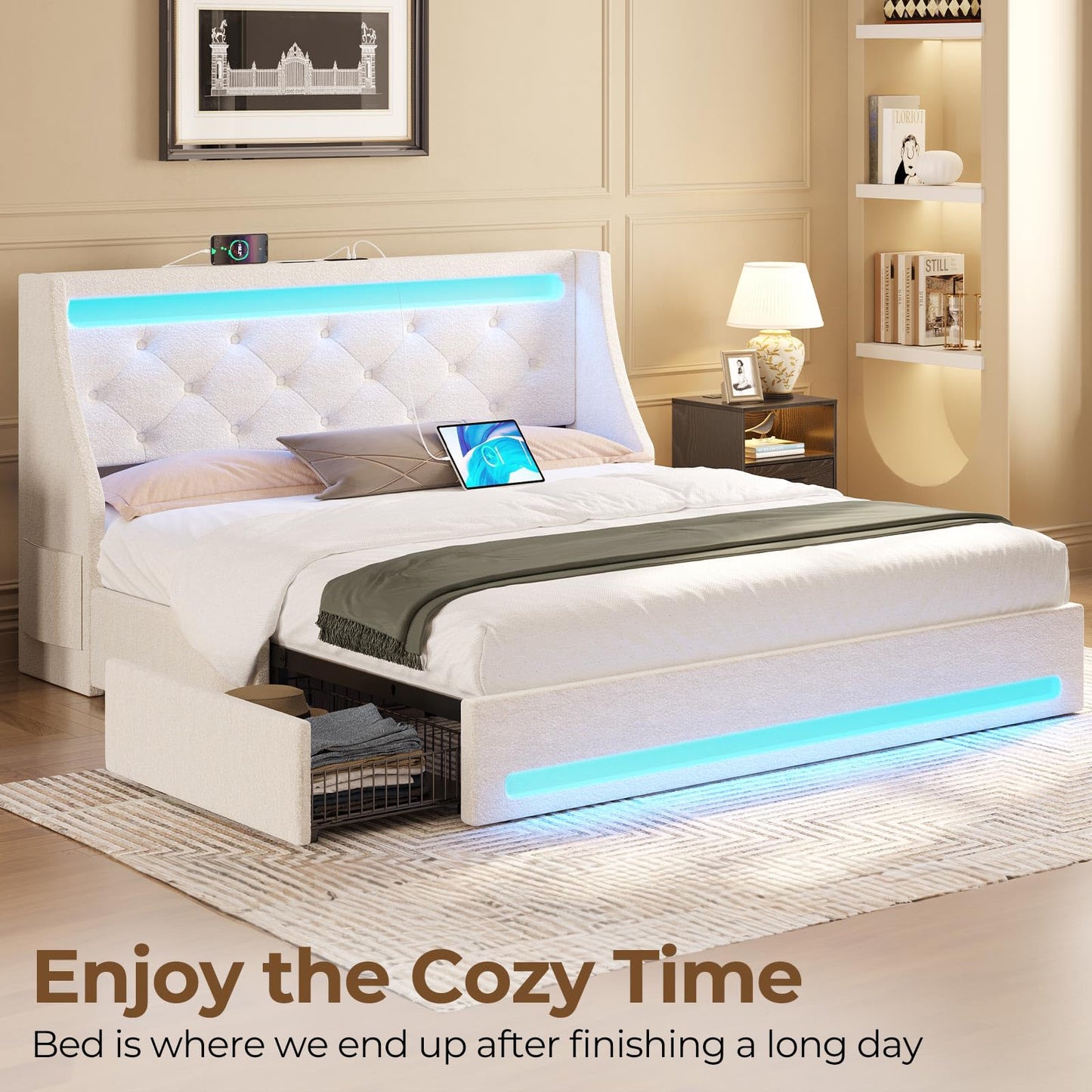 Rolanstar Queen Bed Frame with LED Lights and Charging Station, Upholstered Bed with Drawers, Wooden Slats, Noise Free, Easy Assembly, Beige