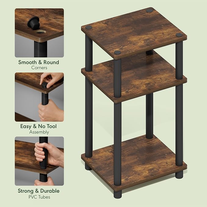 Furinno JUST Night Stand, 3-Tier Turn-N-Tube Nightstand, Toolless Bedside Table, End Table, Side Table with Open Storage for Bedroom, Closet, Dorm, Americano