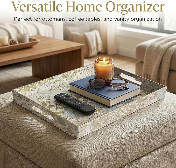 William Morris-Style Serving Tray with Handles - 15.7" x 11.8" Floral Pattern Decorative Platter for Coffee Table, Ottoman & Breakfast in Bed - Sturdy Plastic Rectangular Tray