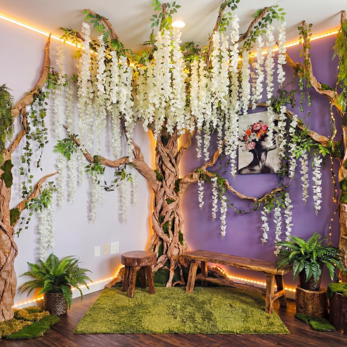 XunYee 3D Wisteria Tree Wall Decor for Room Classroom Ceiling Artificial Wisteria Hanging Flowers DIY Cardboard Paper Tree with Green Vine Kraft Paper Fairy Bulletin Board Decorations(White)