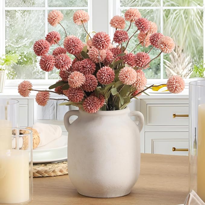 Ceramic Flower Vase Home Decor - Farmhouse Rustic White Table Vases with Handle Living Room Decoration Decorative Vintage Pottery for Kitchen Shelf Coffee Dining Desk Bookshelf Fireplace (7.6" Rustic)