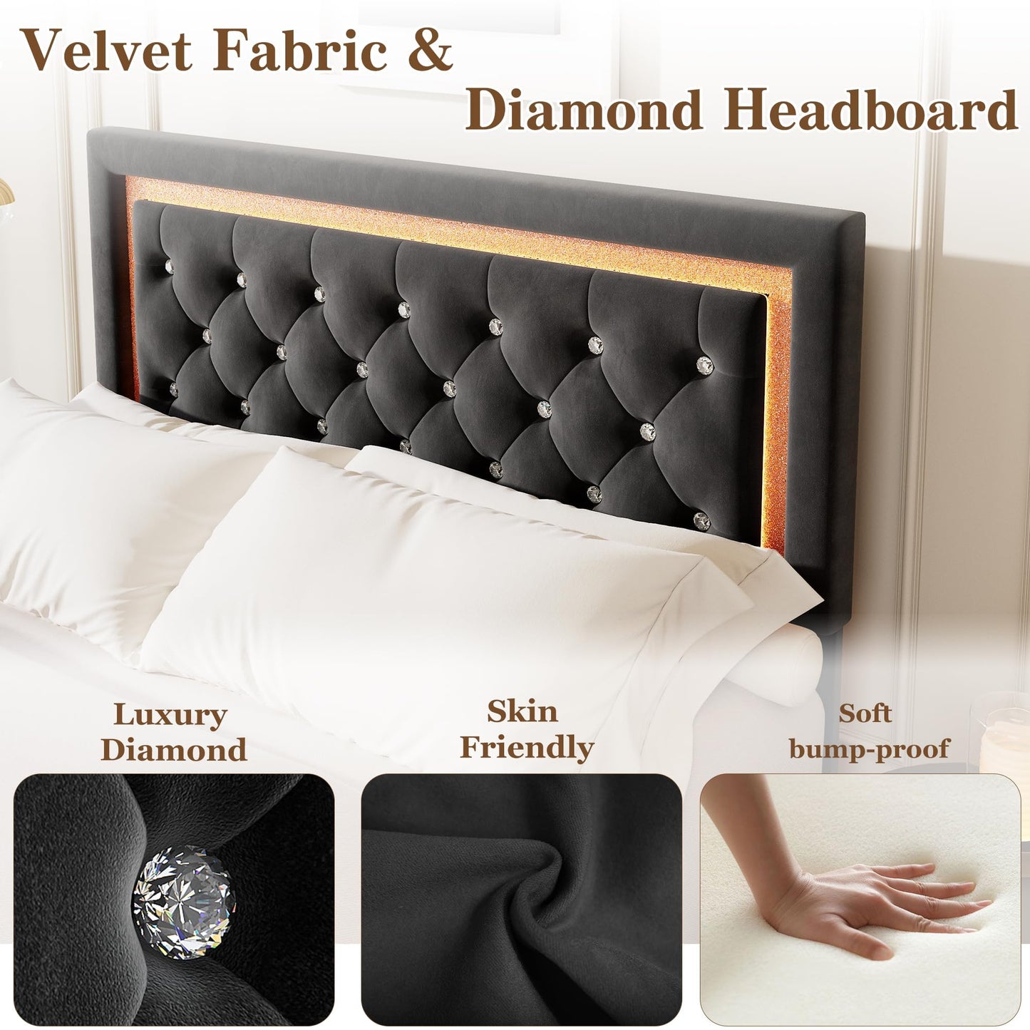 IDEALHOUSE Floating Queen Platform Bed Frame with Smart LED Lights – Modern Upholstered Diamond Headboard, Sturdy Wood Slats, Noise-Free, Easy Assembly, Sturdy Bedroom Furniture
