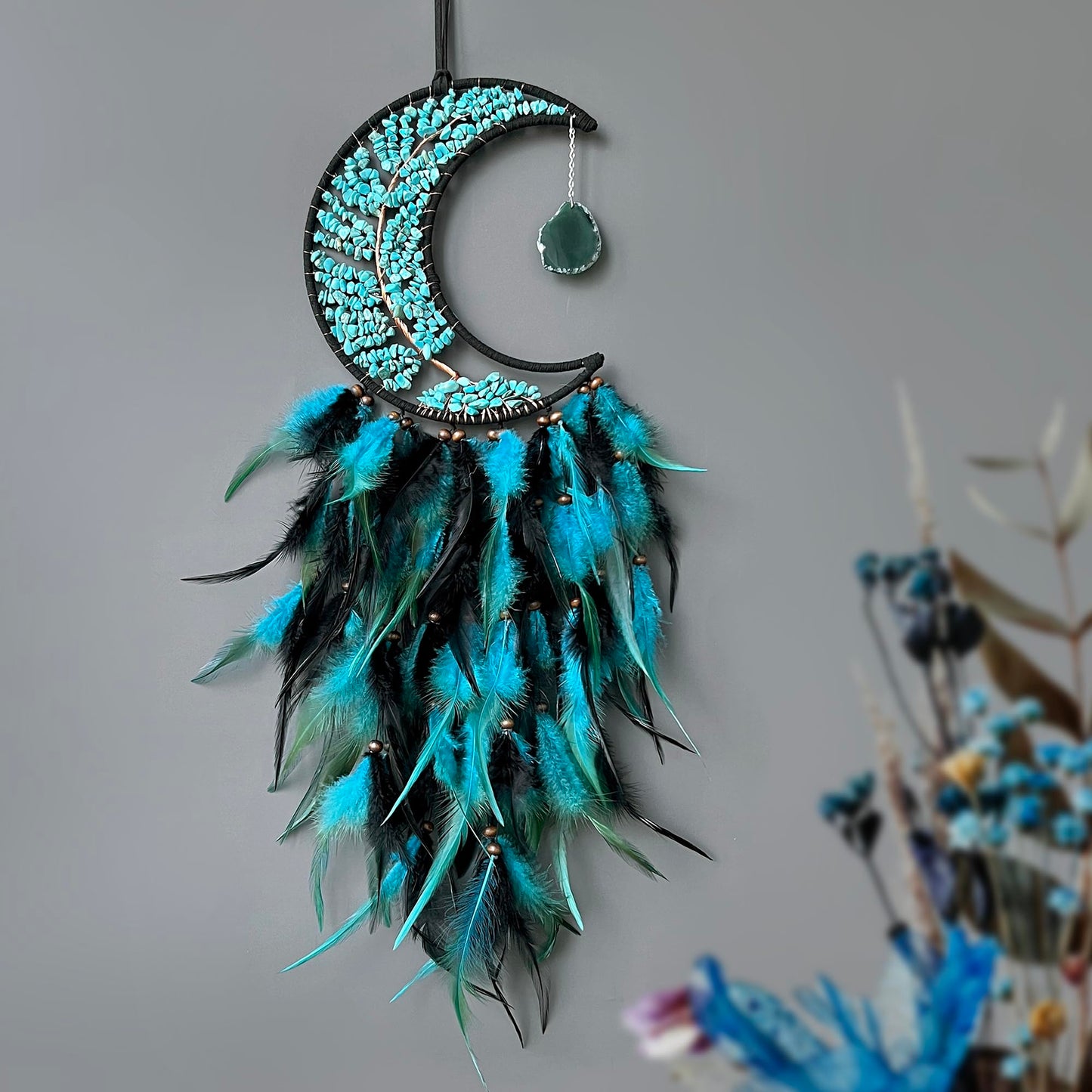 Moon Dream Catchers with Chakra Gemstone Agate Stone, Crystal Tree Life Dream Catchers Wall Hangings Room Decor (Green)