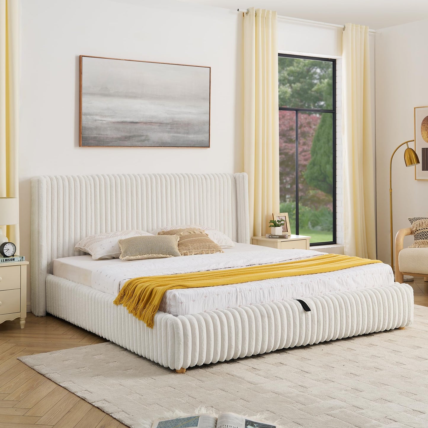 Tabaray King Bed Frame with Storage, Upholstered Platform Bed Frame with Plush Rabbit Fur Headboard, Adult Floor Bedframe with Wooden Slats Support, No Box Spring Needed for Bedroom, Apartment, Beige