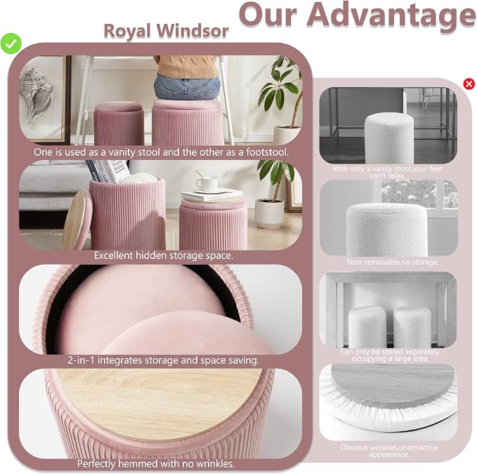 Royal Windsor Round Ottoman with Storage Set of 2,Vanity Stool with Storage for Bedroom, Ottoman Coffee Table,Small Velvet Foot Stool for Living Room, Pink