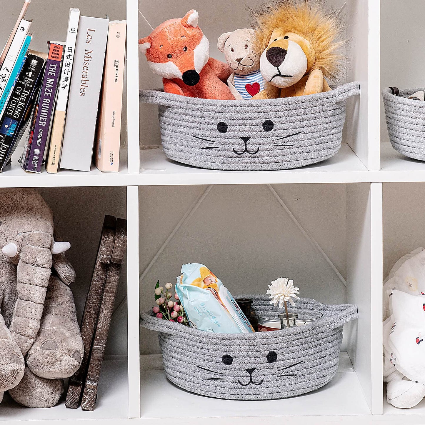 HiChen Small Woven Rope Storage Basket, Cute Cat Toy Basket for Living Room, Baby Baskets for Nursery, Gift Baskets Empty for Baby Shower, Grey, 9.8 x 4 inches