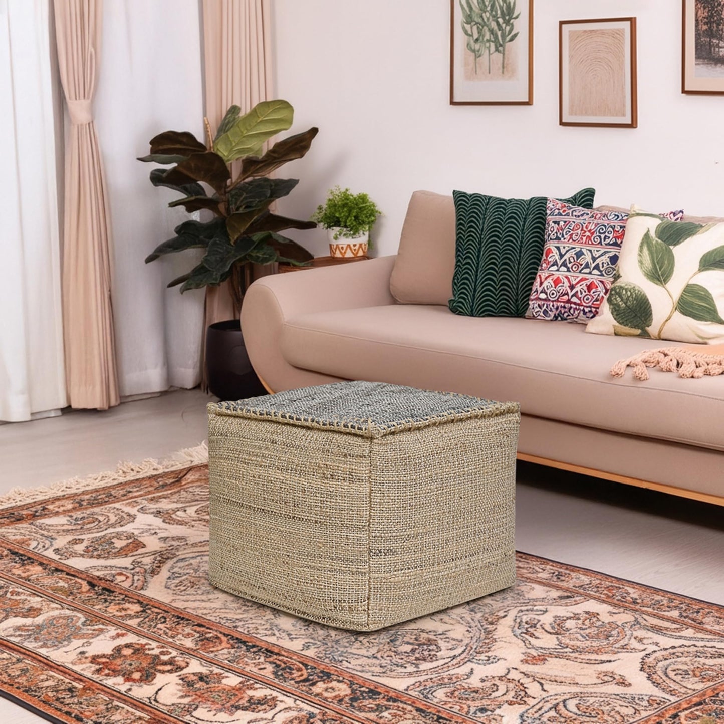 Ash Grey Jute Pouf Ottoman 18x18x14 Inch Handmade Braided Natural Jute & Cotton Floor Pouf, Boho Footstool for Living Room, Bedroom, Extra Seating & Décor