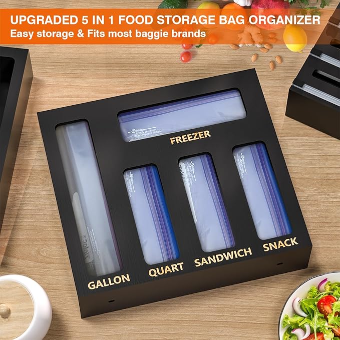 DALSHABET 9 IN1 Bamboo Storage Bag Drawer Organizer with Cutter, Foil and Plastic Wrap Dispenser for Kitchen Storage Compatible with All Brands Gallon, Quart, Sandwich & Snack Size Bags - Black