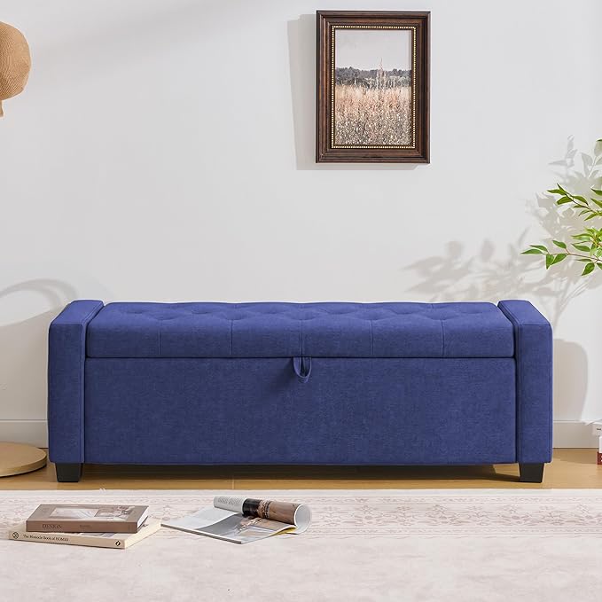 Huatean Home 48" Ottoman with Storage, Storage Ottoman Bench with Safety Hinge, Upholstered Entryway Bench with Seating for Bedroom, Living Room, Holds up to 330 lb, Blue