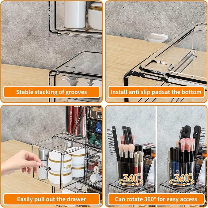 SuoXing 3 Pack Clear Acrylic Makeup Organizer for Vanity With 9 Drawer, Skincare Organizers Countertop With Make up Brush Holder,Bathroom Make up Drawer Storage for Beauty,Hair Accessories Organizer | Cute