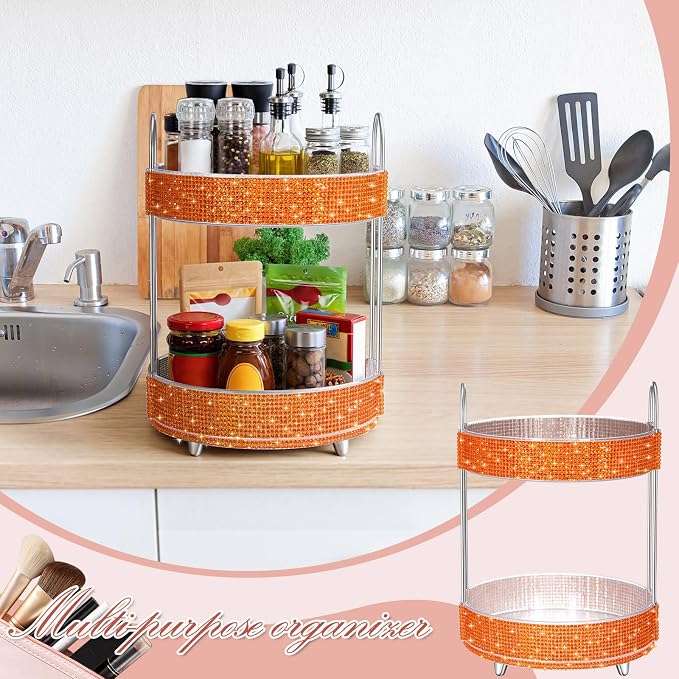 Honeydak 360 Rotating Perfume Organizer Gift for Women, Rhinestone Preppy Skincare Organizer Bathroom Counter Makeup Holder Skincare and Perfume Storage for Cosmetic(2 Tiers,Resin Diamond,Orange)