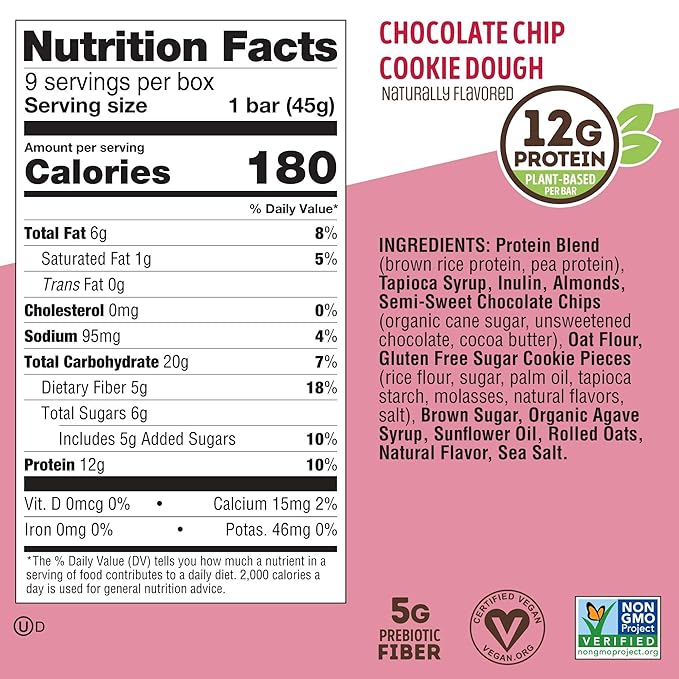 Lenny & Larry's Cookie-fied Bar ??Chocolate Chip Cookie Dough Vegan Protein Bars 9x45g ??Healthy Snacks with 12g Plant Protein & 5g Fiber ??Gluten free Power Bar, Keto Friendly, Non-GMO & Vegan