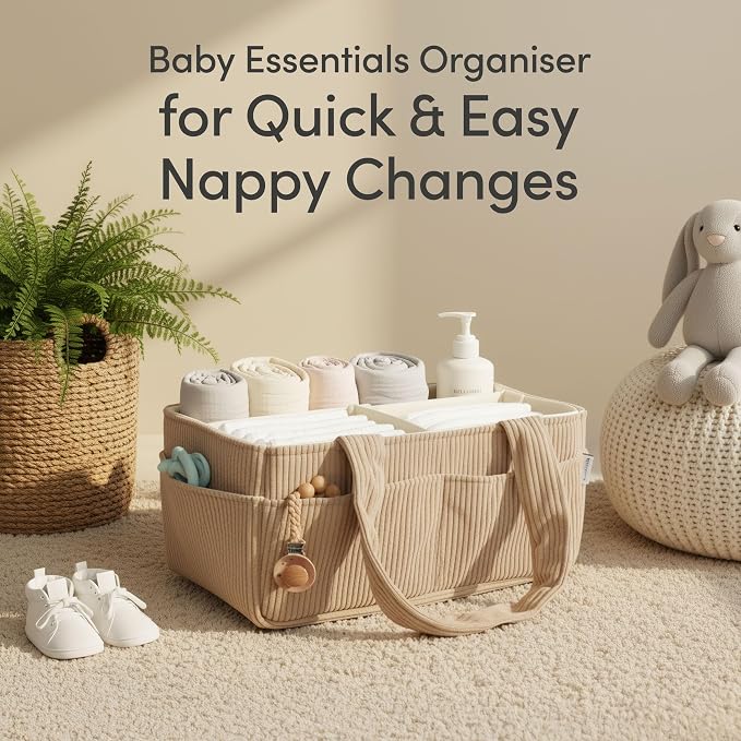 PUTSKA Baby Diaper Caddy Organizer for Changing Table – Stylish Nursery Storage Basket, Newborn Essentials, Baby Shower Gifts and Registry Must-Haves for Boy or Girl, Car Diaper Caddy, Corduroy Mocha