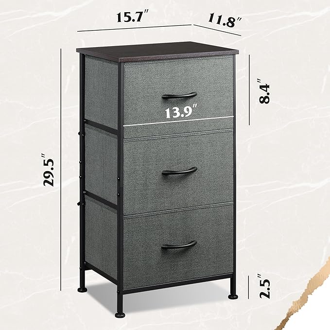 WLIVE Dresser with 3 Drawers, Fabric Nightstand, Organizer Unit, Storage Dresser for Bedroom, Hallway, Entryway, Closets, Sturdy Steel Frame, Wood Top, Easy Pull Handle, Dark Grey