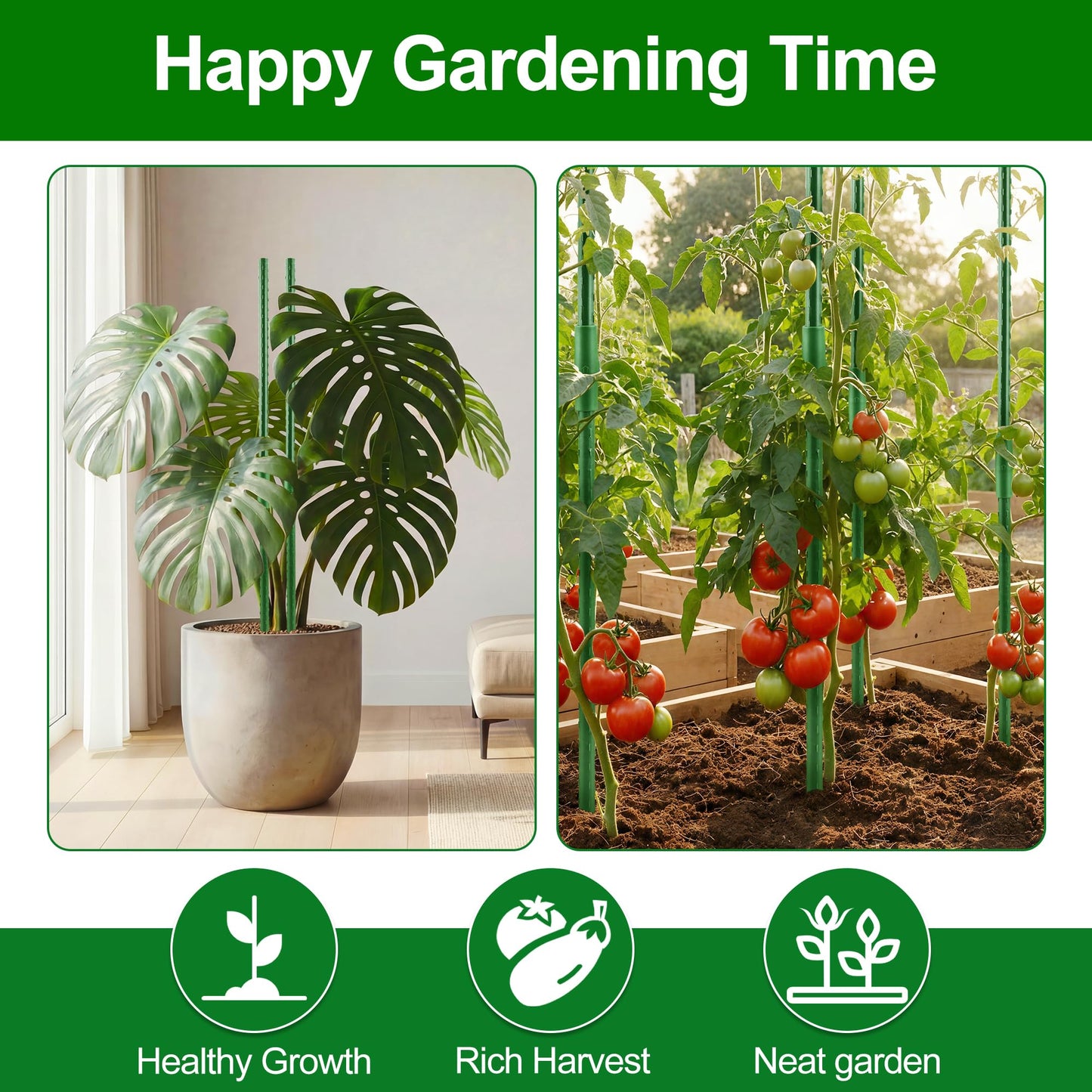 WAENLIR Garden Stakes16 Inch 48 Pack, Tomato cage DIY 4ft 5ft 6ft 7ft 8ft Plant Support Stakes with Connectors and Clips, Plastic Coated Metal Sticks for Tomato Indoor Outdoor