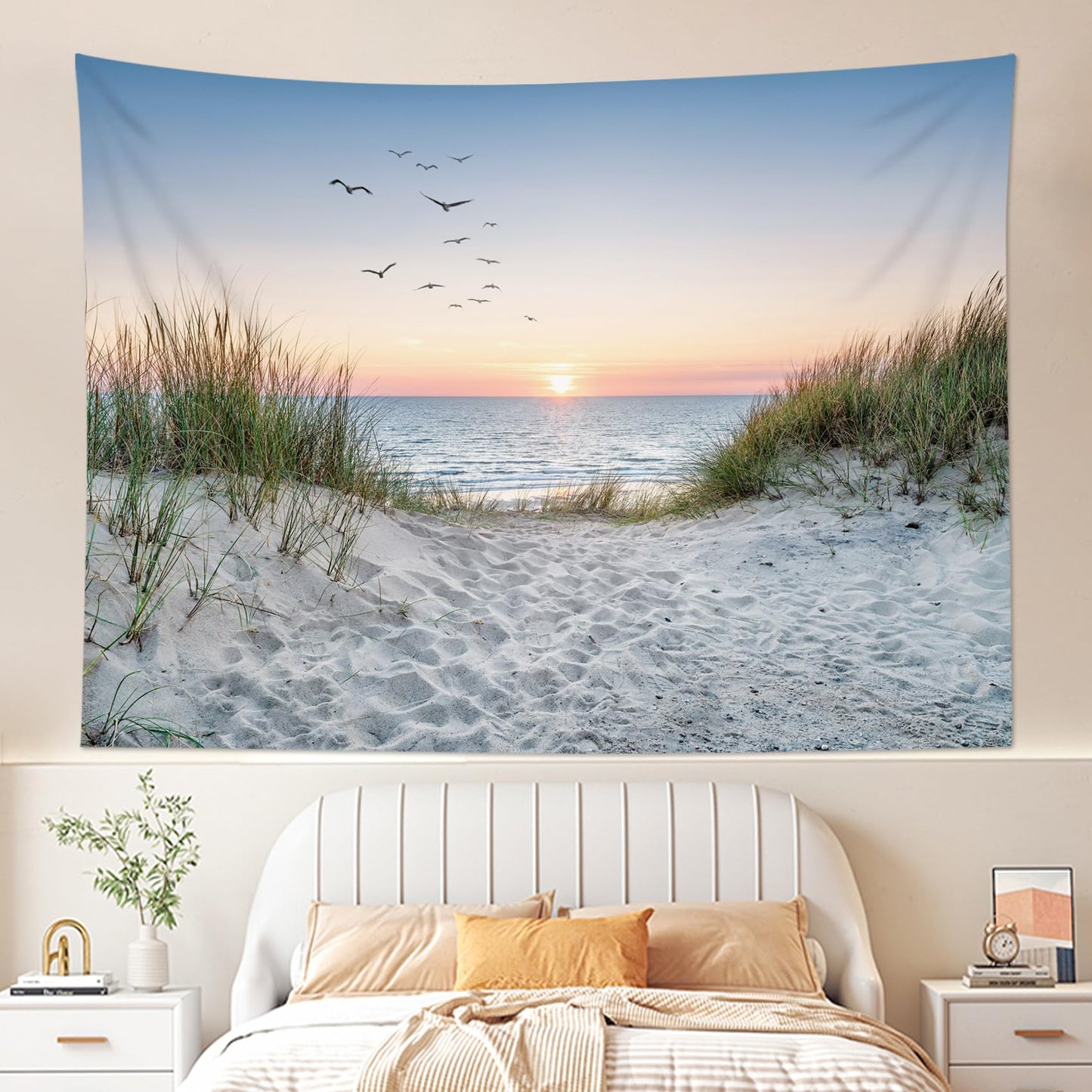 HVEST Ocean Beach Tapestry Wall Hanging, Sunset Seabird and Beach with Grass Wall Tapestry Natural Landscape Tapestries for Bedroom Living Room Dorm Decoration, 60x40 Inches
