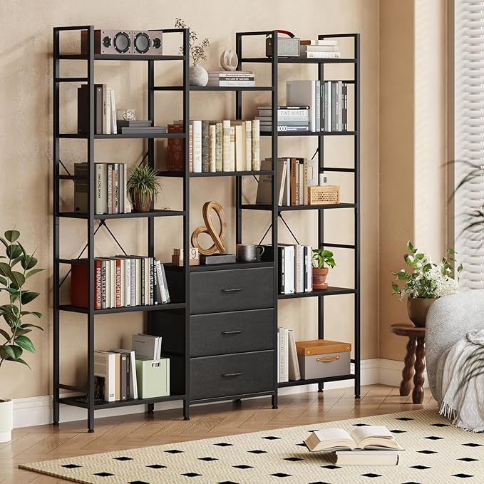 AFLUI Triple Bookshelf with 3 Fabric Drawers, 5-Tier Book Shelf and 10 Display Shelves, Industrial Large Bookcase for Home & Office, Black, 47'' Wide