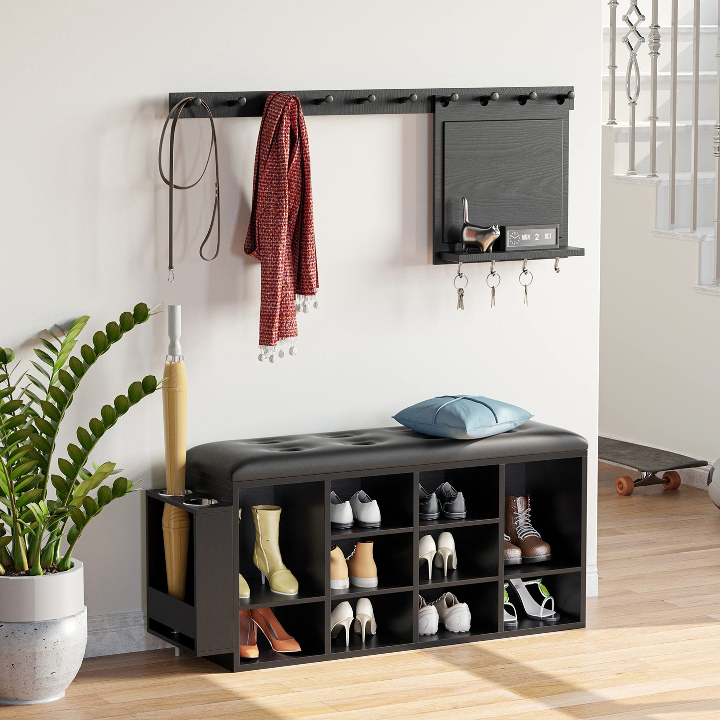 IRONCK Shoe Bench, Ten Cubbies Storage Entryway Bench with PU Leather, Cubby Shoe Rack Organizer with Adjustable Shelves for Living Room, Bedroom, Black