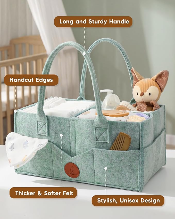 Maliton Baby Diaper Caddy, Nursery Storage Bin & Car Organizer with Handle, Large Felt Bag for Newborn essentials Boy or Girl, Changing Table Organizer for Baby Stuff, 15" x 9" x 7"Baby Shower Basket