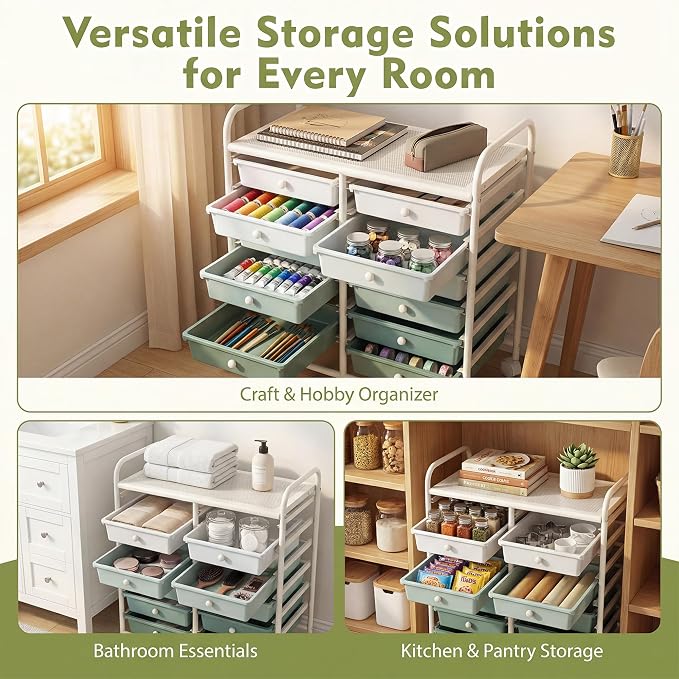 COSTWAY 12-Drawer Rolling Storage Cart, Utility Storage Organizer Cart for Tools, Scrapbook, Paper, Craft, Multipurpose Art Supply Organizer on Wheels for Home Office School, Teacher, Green Gradient