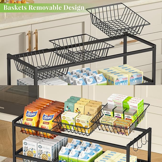 3-Tier Rolling Pantry Cart on Wheels with 9 Removable Baskets, Sturdy Pantry Floor Organizer and Storage, Kitchen Storage Cart for Fruit Vegetables, Snack Organizer for Pantry Kitchen Living Room
