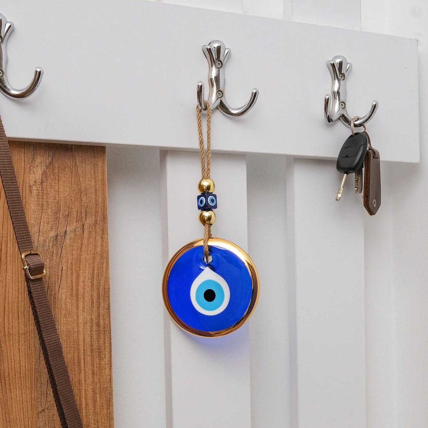 BCS Blue Evil Eye Wall Decor Gold Border Design 4.3" Glass Evil Eye Hanging Ornament for Home, Office, Garden, Door Turkish Greek Handmade Nazar Amulet Good Luck and Protection Charm - Ojo Turco