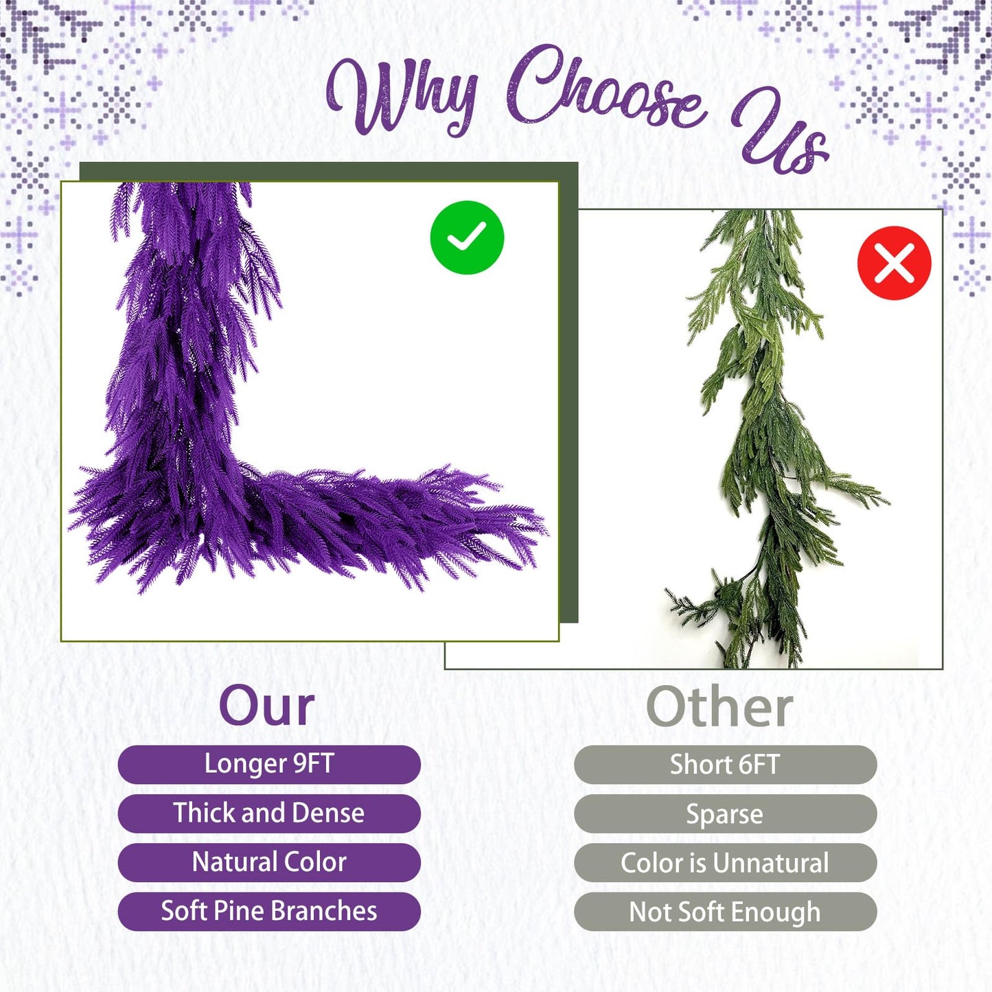 N&T NIETING Christmas Garland Norfolk Pine Garland Real Touch Artificial Christmas Purple Xmas Garland for Mantle, Table Holiday Fireplace Staircase Indoor Outdoor Christmas Decorations (9 FT)