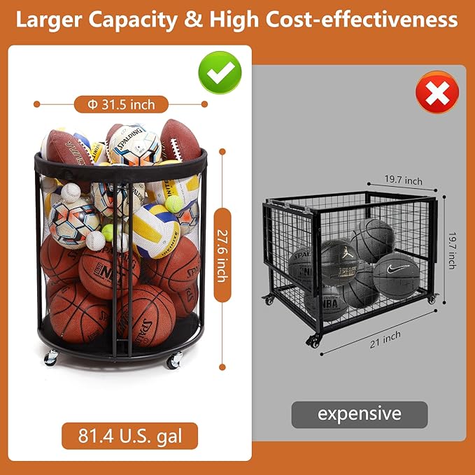 Ball Storage Bin for Garage, Balls Holder for Soccer, Basketball, Ball Cart, Rolling Basketball Rack for Outdoor, Indoor