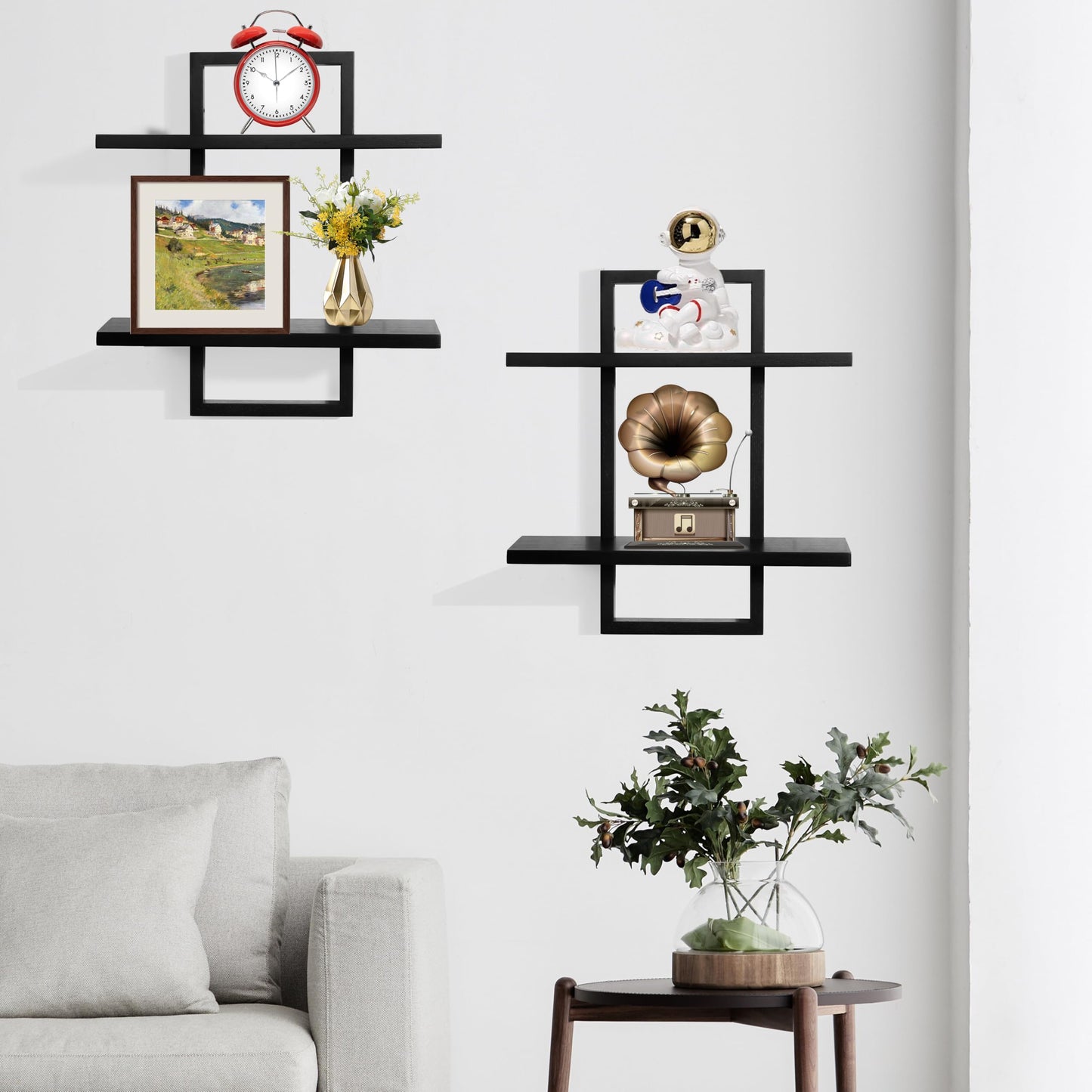 PHOENANCEE Floating Shelves for Wall,Display Hanging Shelf Set of 2,Modern Decorative Plants Shelves,Wood Home Decor Storage Chic for Living Room Bedroom Bathroom Office,Oak Frame,2-Tier Black