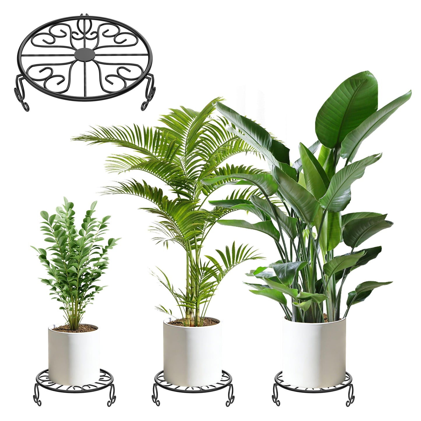 3-Pack Wrought Iron Plant Stands for Outdoor & Indoor Use, Heavy Duty Rustproof Metal Pot Stand Holder, Single Short Round Black Base for Patio Garden Porch Plants Flower Pots Planter Riser 8Inch