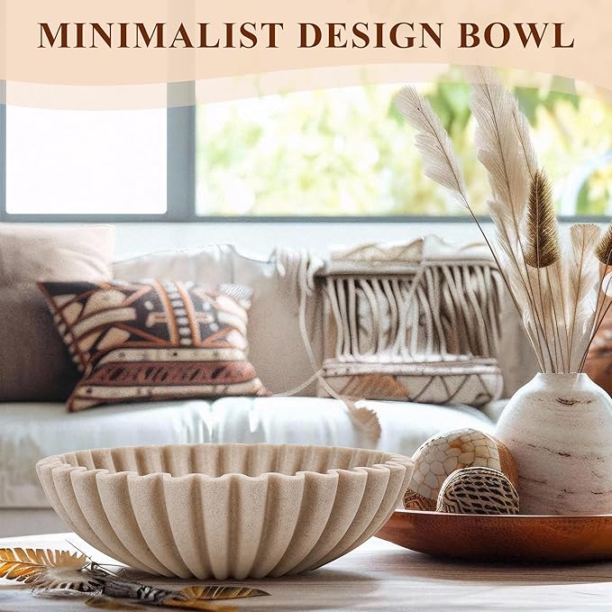 YMXYJM Large Decorative Bowl, Modern Handicraft Bowls for Home Decor, Fruit Bowl for Kitchen Counter, Ruffle Decor, Stylish Key Bowl for Entry Table, Artificial Stone Beige