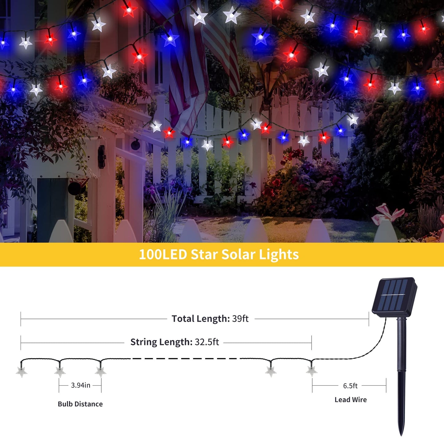 2 Pack Solar Powered Outdoor Patriotic Star String Lights, 100 LED 33 FT Each July 4th Decorative Lights, 8 Lighting Modes, Waterproof for Independence Day Party Patio Garden Decor, Red White & Blue