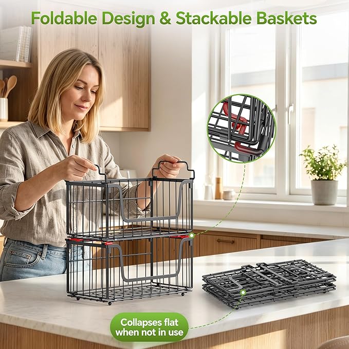 MSERCUOR 4 Pack Foldable Wire Basket for Pantry Organizers and Storage, Stackable Vegetable Fruit Basket for Kitchen Counter, Black Potato and Onion Storage Bin