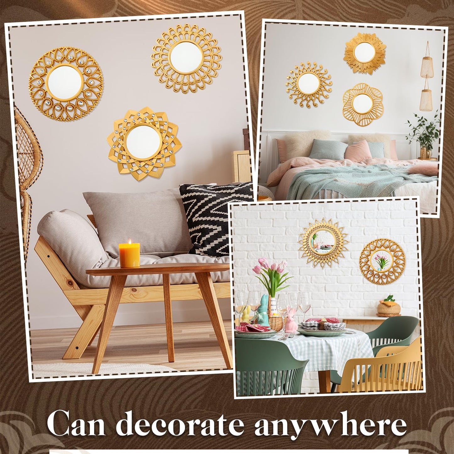 Barydat 10 Pcs Boho Gold Sun Mirrors for Wall Decor 10 Inches Plastic Decorative Wall Mirrors for Entryway Home Living Room (Modern)