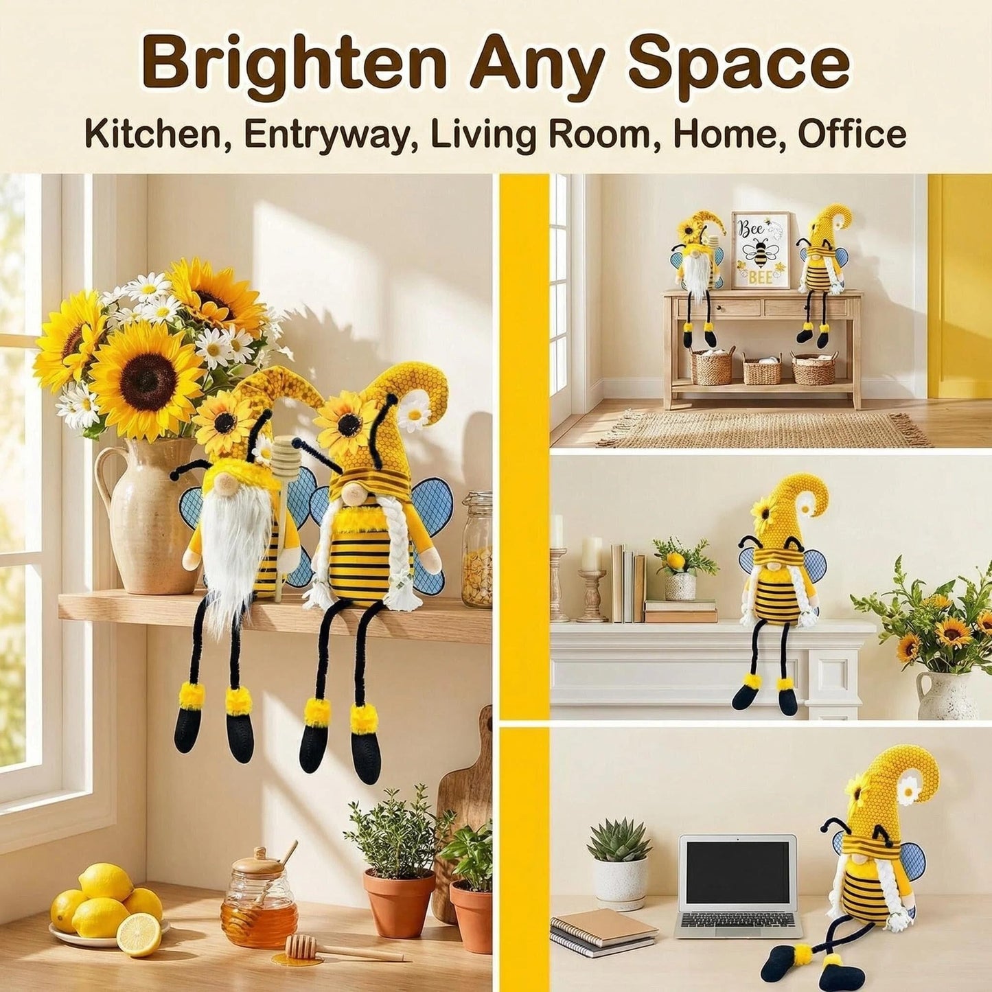Spring Decorations for Home, Office, Indoor - Yellow Honey Bumble Bee Sunflower Plush Gnomes Doll - Summer Gnome Gifts Ideas for Women - Bee Stuffed Sitters - Unique Housewarming Gifts for New Home