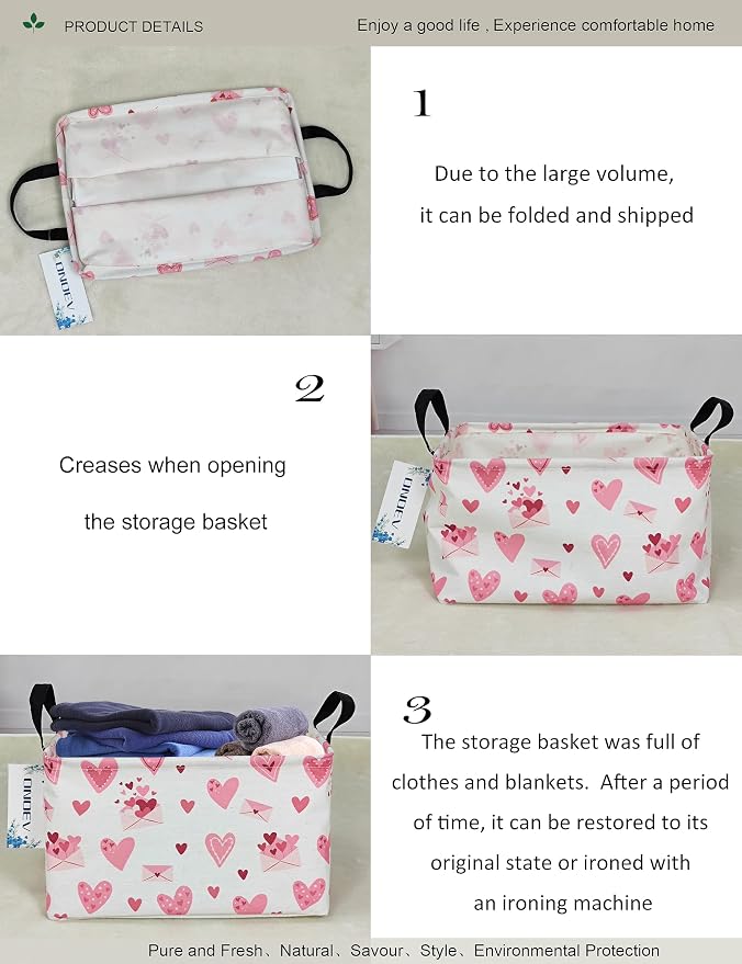 Rectangular Folding Laundry Basket,waterproof Canvas Basket,Gift Basket,Suitable for Children's Room,Office,Clothes,Toys Storage(Pink Love)