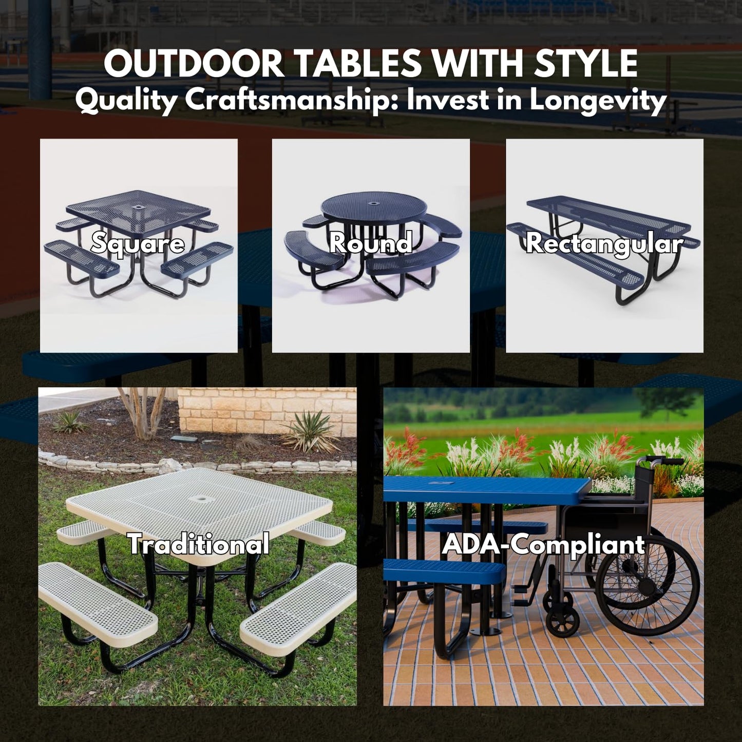 COATEDOUTDOORFURNITURE Heavy-Duty Portable Outdoor Picnic Table with Umbrella Hole, Expanded Metal Commercial-Grade Patio Dining Furniture Made in America (46" Square Top, Textured Green)