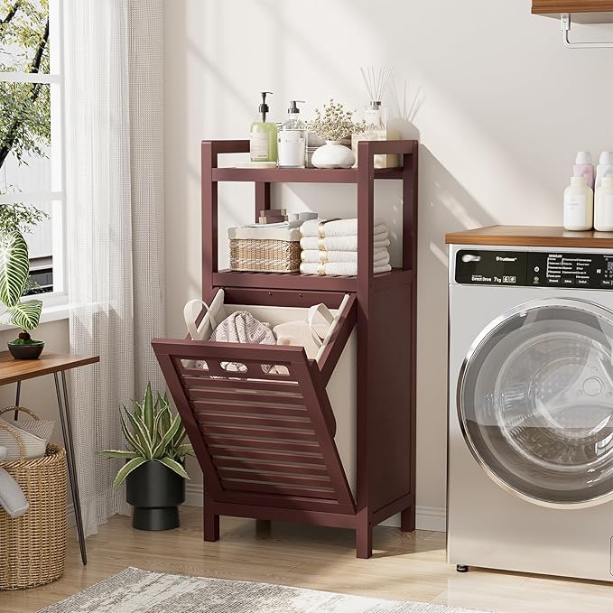Homykic Tilt Out Laundry Hamper Cabinet, 10 Gal Bamboo Laundry Cabinet with Removable Basket, Hidden Hamper Organizer with Shelf for Dirty Clothes, Bathroom, Laundry Room, Space Saving, Espresso