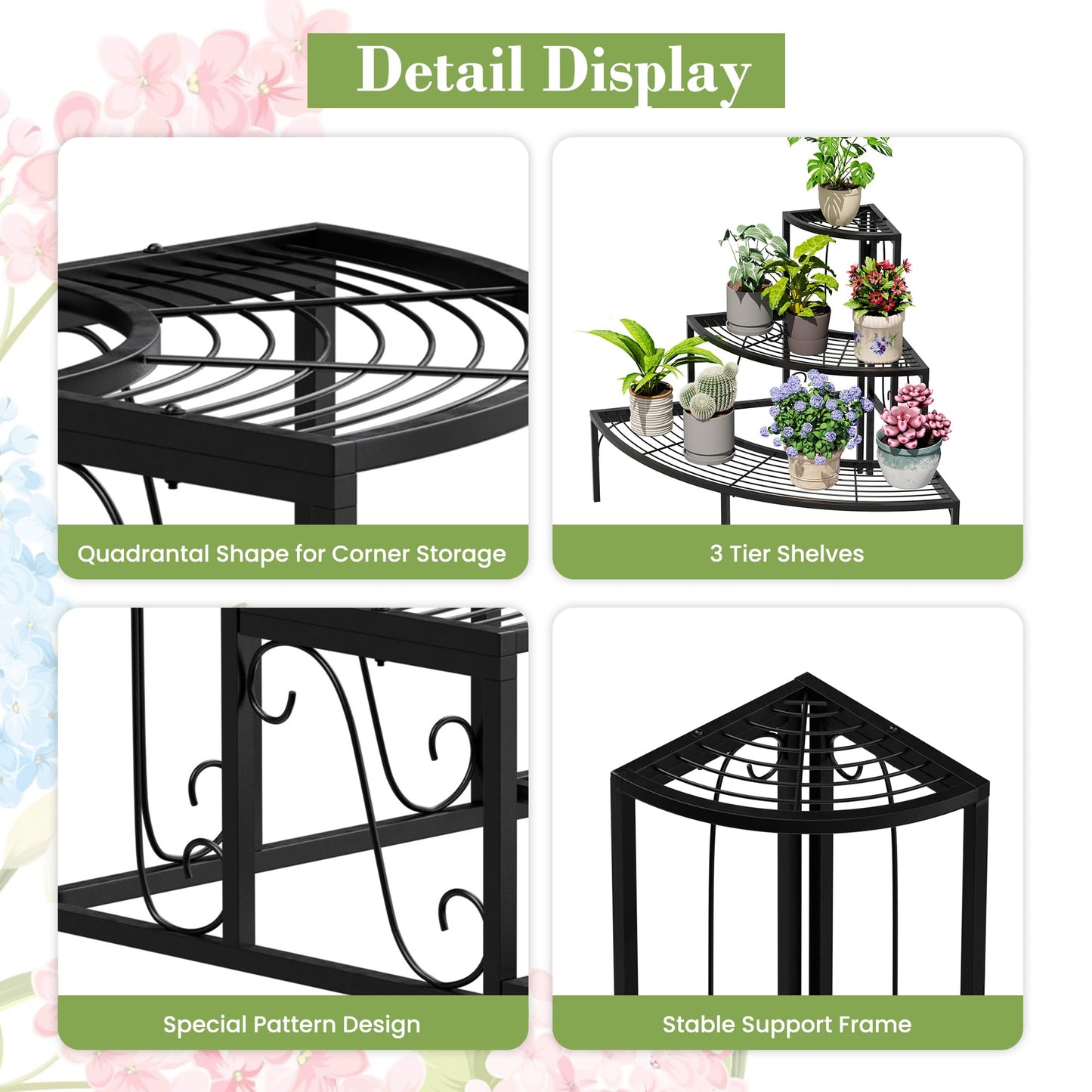 SIMHOMSTOR Plant Pot Stand Shelf, 3 Tier Flower Quarter Display Rack, Metal Succulent Plants Storage Holder for Outdoor and Indoor, Black