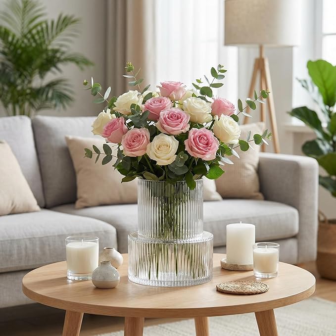Ribbed Glass Vase, Flower Vase, Fluted Clear Vases for Flowers, Modern Vases for Living Room, Dining Table, Entryway, Shelf, Wedding, Office, Coffee Table, Birthday, 7.5 Inches
