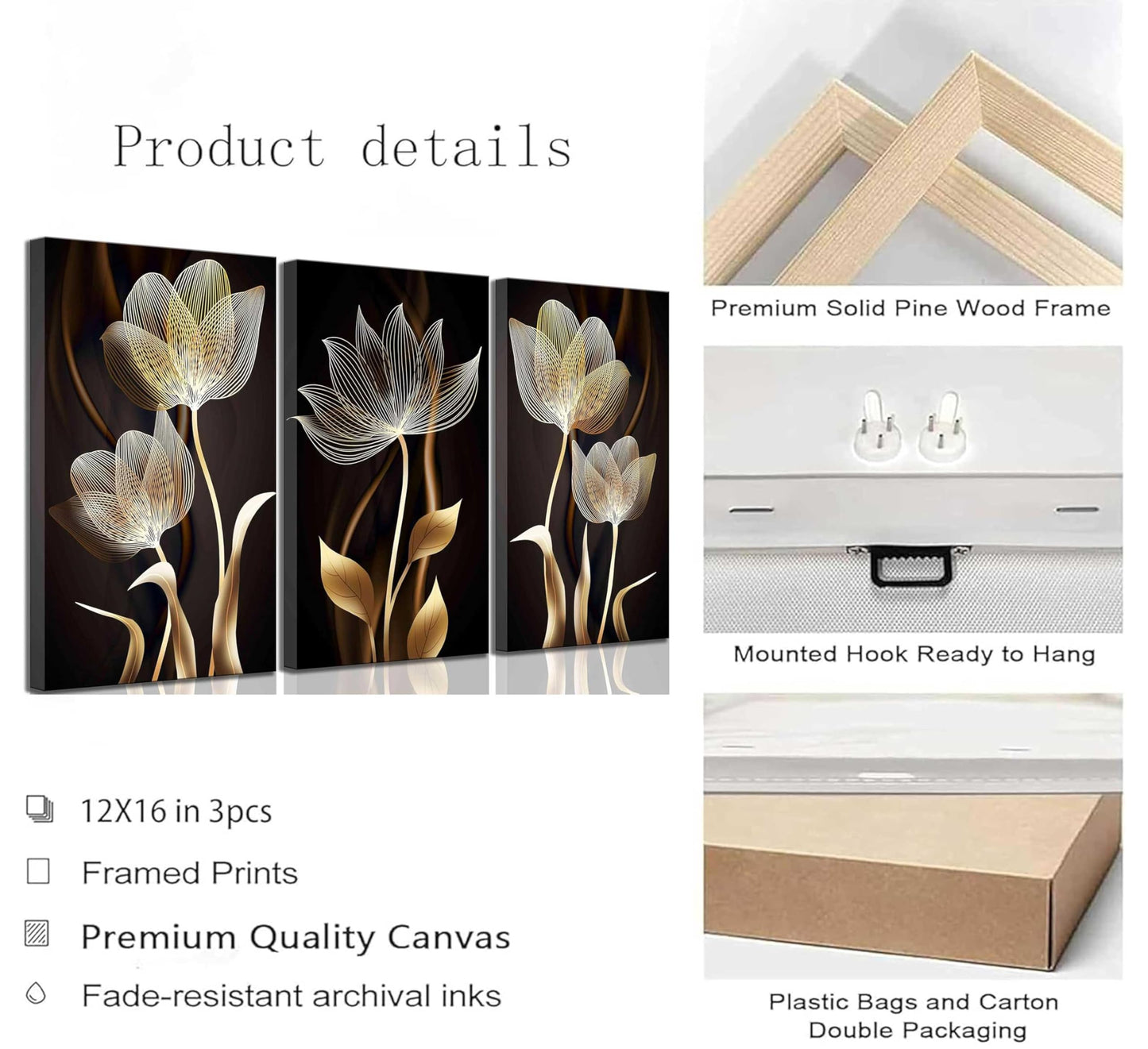 3 Pieces Modern Abstract Brown Flowers Canvas Wall Art Minimalism Black and Gold Floral Painting Pictures Luxury Wall Decor Posters Print Artwork for living room Office Bedroom Home Decoration