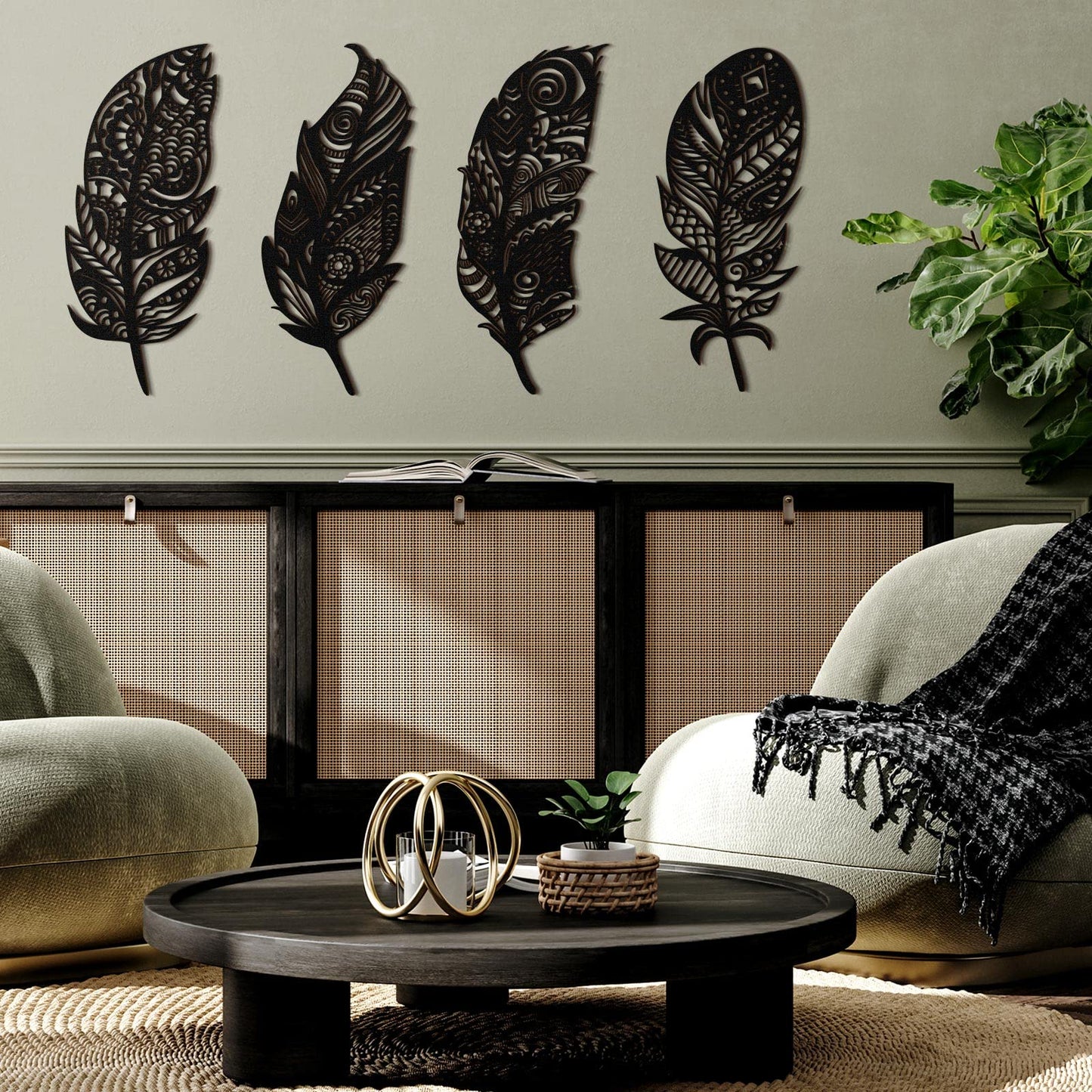 Qunclay 4 Pieces Feather Wall Decor Wooden Feather Wall Art Boho Wall Decor Laser Cut Hanging Mandala Large Rustic Farmhouse Wood Sign for Home Living Room Bedroom Bathroom Kitchen(Black)