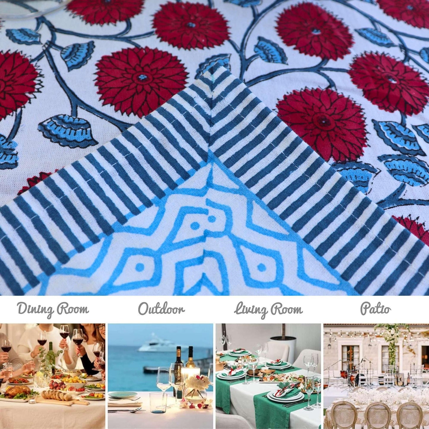 HANDICRAFT HANDLOOM Handblock Print Cotton Tablecloth – 60x90 Rectangle Table Cover Seats 6 – Indian Block Printed Floral Dining Table Linen – Boho Washable Cloth for Kitchen, Party, Outdoor (White)